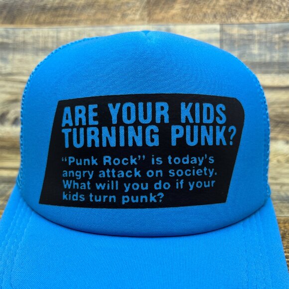 Are Your Kids Turning Punk Mens Trucker Hat Blue Snapback Old Ad Retro Ball Cap - Picture 3 of 8